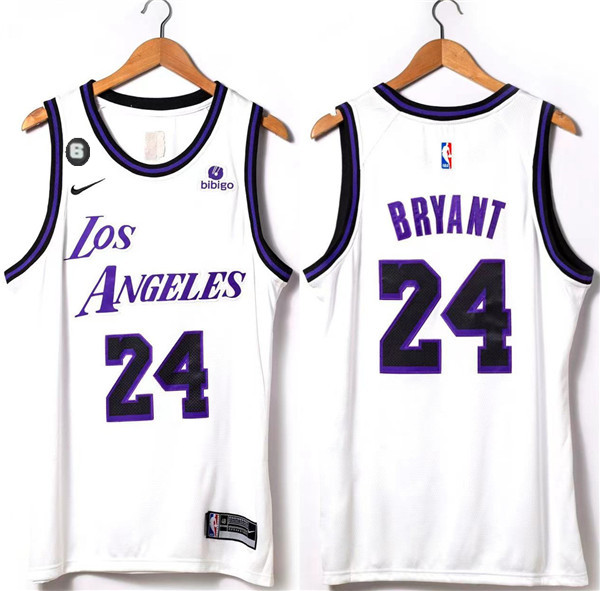 Men's Los Angeles Lakers #24 Kobe Bryant 2022/23 White With NO.6 Patch Stitched Basketball Jersey